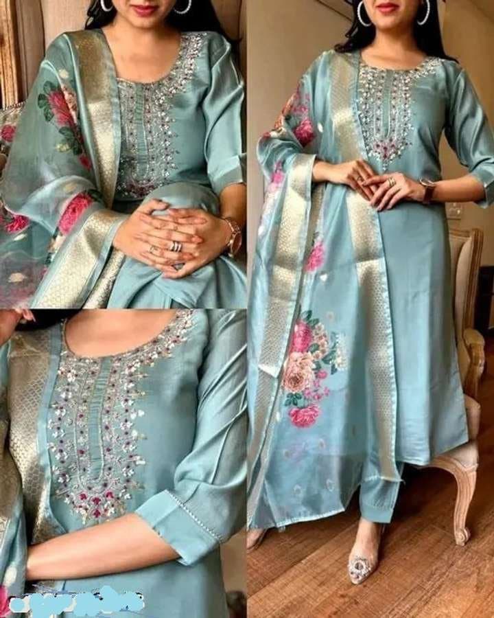 kavelle Embroidered Kurta, Churidar & Dupatta Set